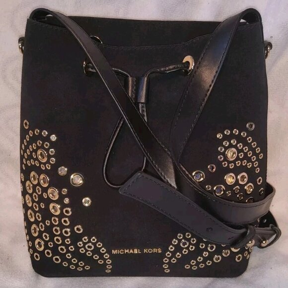 Michael Kors Cary Small Grommeted Suede Bucket Bag Black Gold Studded 9x9x4 main image 5